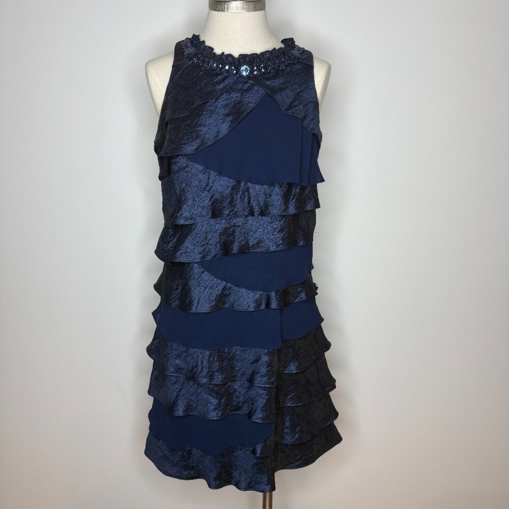 SL Fashions Ruffle Cocktail Party Dress Womens Sz 10 Jeweled Shimmer Navy Blue